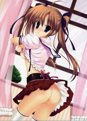 2011 blush breasts brown_hair female hair_ribbon long_hair looking_at_viewer mitha open_mouth purple_eyes pussy ribbon solo thighhighs tied_hair twintails uncensored underboob undressing upskirt