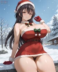 ai_generated bare_thighs black_hair brown_eyes christmas christmas_outfit eroero_waifus gigantic_breasts huge_breasts huge_thighs light-skinned_female light_skin long_hair looking_at_viewer massive_breasts santa_hat smiling solo_female squatting suou_yuki sweat sweatdrop thick_body thick_female thick_thighs thighs tokidoki_bosotto_russian_de_dereru_tonari_no_alya-san voluptuous voluptuous_female