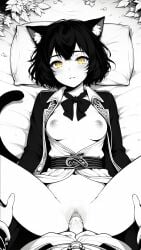 ai_generated bankonit black_and_white black_hair bottomless breasts breasts_out cat_ears cat_tail catgirl clothed_sex medium_breasts monochrome nipples open_clothing open_shirt pillow pov pov_eye_contact pussy sex short_hair spread_legs stable_diffusion vaginal_sex yellow_eyes