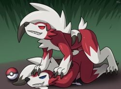 2022 after_transformation anal anal_sex blue_eyes bodily_fluids claws cum cum_on_ground feet fur generation_7_pokemon genital_fluids hacony hypnotic_eyes lycanroc male male/male nintendo penetration penile penile_penetration penis_in_ass pokemon pokemon_(species) red_body red_eyes red_fur saliva sharp_teeth teeth white_body white_fur