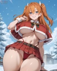 2.5_jigen_no_ririsa ai_generated amano_ririsa bare_thighs blue_eyes christmas christmas_outfit eroero_waifus gigantic_breasts huge_breasts huge_thighs light-skinned_female light_skin liliel_(cosplay) long_hair looking_down low-angle_view massive_breasts orange_hair panties pantyhose pussy_visible_through_panties shounen_jump+ smiling solo_female squatting sweat sweatdrop thick_body thick_female thick_thighs thighs twintails very_long_hair voluptuous voluptuous_female