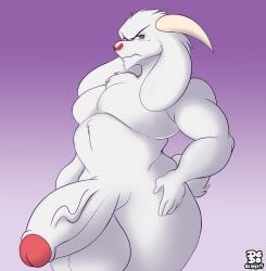 annoyed anthro balls big_balls big_penis blush boss_monster_(undertale) bovid caprine chest_tuft dedoarts facial_hair fan_character floppy_ears genitals goat goatee hand_on_hip horn huge_balls huge_cock leiras male mammal nude penis solo tuft