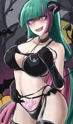 1girls bat belly belly_button bikini breasts collar color demon_tattoo digital_media_(artwork) fangs female female_only firm_breasts forest galaxy_gals garter_straps gloves green_hair halloween halloween_costume holding_leash horn huge_breasts large_breasts leash light_skin lilin_(battle_cats) lingerie long_hair looking_at_viewer nyanko_daisensou pink_eyes pink_hair pumpkin sed_(d4vcmk) shoulders smile submissive submissive_female succubus tail teenager the_battle_cats thick_thighs thighs tree