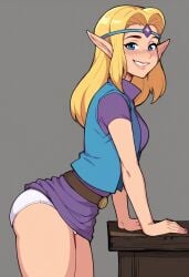 ai_generated bent_over blonde_hair blue_eyes blush cd-i lifted looking_at_viewer nintendo panties pointy_ears princess_zelda skirt skirt_lift the_legend_of_zelda the_legend_of_zelda_(cd-i) thighs underwear white_panties