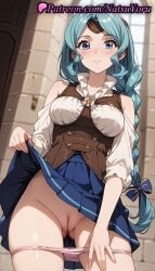 1girls ai_generated anime anime_style aqua_hair ass_visible_through_thighs bare_shoulders blue_eyes blue_hair blue_skirt blurry blurry_background blush bow braid braided_ponytail breasts brick_wall bust busty circlet cleft_of_venus closed_mouth clothes_lift clothing_cutout collarbone cowboy_shot female female_focus female_only hairbow hentai indoors lifted_by_self long_hair looking_at_viewer medium_breasts natsuyoru non-asian paipan panties pantsu panty_pull parted_bangs pink_panties pleated_skirt pulled_by_self pussy shirt shoulder_cutout single_braid skirt skirt_lift solo solo_female standing tate_no_yuusha_no_nariagari the_rising_of_the_shield_hero therese_alexanderite thighs uncensored underwear vagina very_long_hair voluptuous voluptuous_female white_shirt