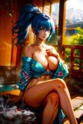 ai_generated babe bare_legs bare_shoulders beautiful_females blue_hair blue_ponytail city_background female_soldier fighting_game floral_print_kimono garden king_of_fighters kof large_breasts legs legs_crossed leona_heidern looking_at_viewer onsen partially_clothed petals ponytail seductive_pose sexually_suggestive sexy snk solider sunset the_king_of_fighters toongenai video_game_character video_game_franchise video_games voluptuous voluptuous_female warrioress wood young_female yukata