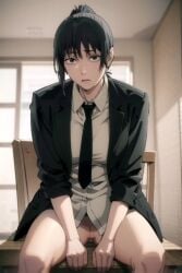 1girls ai_generated black_eyes black_hair black_necktie black_suit bottomless breasts chainsaw_man genderswap_(mtf) hands_on_chair, hayakawa_aki legs_open legs_spread looking looking_at_viewer medium_breasts necktie no_pants ponytail rolled_up_sleeves rule_63 scared_expression shirt sitting sitting_on_chair solo spread_legs suit thighs topknot vagina white_shirt