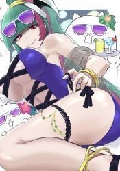 1girls ass breasts cat_(battle_cats) cocktail color digital_media_(artwork) feline female firm_breasts flower galaxy_gals grabbing_thighs green_hair grin hair_ornament human large_breasts light_skin lilin_(battle_cats) long_hair looking_at_viewer multicolored_hair nyanko_daisensou on_side one-piece_swimsuit pink_hair ponytail pulling_swimsuit sed_(d4vcmk) shoulders sunglasses swimsuit tank_cat teenager the_battle_cats thick_thighs thigh_strap thighs white_fur wristwear