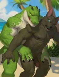 anthro anubian_jackal anubis brother_(lore) canine crocodilian furry humanoid_genitalia humanoid_penis incest_(lore) league_of_legends male male/male male_only muscles muscular nasus red8ean renekton scalie