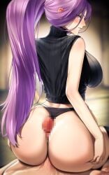 1boy ass ass_focus black_panties black_sweater black_thighhighs breasts buttjob censored closed_mouth commentary_request fate/stay_night fate_(series) female highleg highleg_panties huge_ass large_breasts long_hair looking_back medusa_(fate) medusa_(rider)_(fate) mosaic_censoring panties penis purple_eyes purple_hair sleeveless sleeveless_sweater sleeveless_turtleneck straight sweater tamamoice thighhighs turtleneck underwear very_long_hair