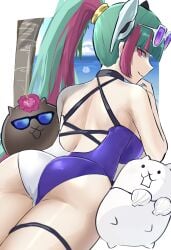 1girls ass beach blush breasts cat_(battle_cats) collar color digital_media_(artwork) feline female female_focus flower galaxy_gals green_hair grin hair_ornament human large_breasts light_skin lilin_(battle_cats) long_hair looking_at_viewer looking_back nyanko_daisensou on_front one-piece_swimsuit open_back palm_tree pink_eyes pink_hair ponytail shell_bikini sunglasses swimsuit tank_cat tanned teenager the_battle_cats thick_thighs thigh_strap thighs white_fur