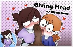 2girls blonde_female blowjob blush brown_hair dark-skinned_male faceless_male fellatio freckles glasses heart illymation interracial jaiden jaiden_animations looking_at_viewer orange_hair saliva