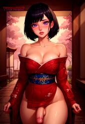 1futa ai_generated black_hair dickgirl ear_piercing earrings exibitionism flaccid flaccid_penis futanari ilfb kimono large_breasts looking_at_viewer medium_breasts medium_hair public public_exposure public_indecency public_nudity purple_eyes standing