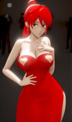 3d_model breasts green_eyes jic_jic looking_at_viewer nipples nipples_outside pyrrha_nikos red_dress red_hair rwby