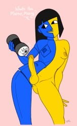 black_hair blue_skin ear ena ena_(series) fleshlight futa_on_female futanari hands holding holding_object joel_g moony_(joel_g) question_mark text velvetdelusion yellow_skin