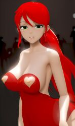 3d_model breasts green_eyes jic_jic nipples nipples_outside pyrrha_nikos red_dress red_hair rwby smiling_at_viewer