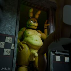 2boys animatronic anthro balls caught erection five_nights_at_freddy's fnaf gay green_eyes human imminent_sex living_machine looking_at_another male male/male male_only night_guard_(fnaf) nude penis rabbit robot scottgames smaller_male spring_bonnie_(fnaf) yellow_body z_hado