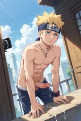 1boy ai_generated boruto:_two_blue_vortex cum cum_dripping_from_penis erect_penis leaning_forward male_focus male_only necklace pants_pulled_down uzumaki_boruto