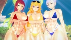 3d 3girls bikini blonde_hair light-skinned_female looking_at_viewer red_hair rwby stormstriker tagme voluptuous white_hair