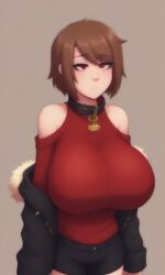 ai_assisted ai_generated big_breasts breasts brown_hair busty collar dog_collar huge_breasts jacket locket red_eyes red_shirt short_shorts shorts shoulders storyfell storyfell_chara