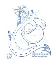 2013 anthro areola badgerben belly big_areola big_belly big_breasts blyzzarde_(character) breasts digital_media_(artwork) dragon female hair hi_res horn huge_breasts line_art mythological_creature mythological_scalie mythology navel nipples non-mammal_breasts nude outie_navel pregnant scales scalie solo teeth thick_thighs ventral_scales