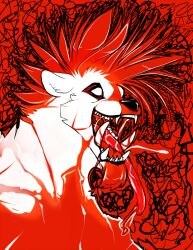 abstract_background albino anthro blood bodily_fluids gnoll gore hair hyena male mammal open_mouth open_smile saliva schrygwyr_(tsampikos) sharp_teeth smile solo teeth tongue tongue_out tsampikos