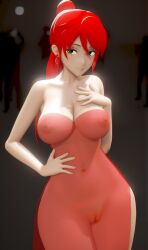 breasts green_eyes jic_jic large_breasts looking_at_viewer nipples pussy pyrrha_nikos red_dress red_hair rwby see-through_clothing transparent_clothing