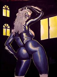 1girls ass ass_focus black_background black_cat_(marvel) bodysuit felicia_hardy female female_only grey_hair human light-skinned_female light_skin marvel marvel_comics mask photo_(medium) purple_eyes shiny skin_tight solo spider-man_(series) traditional_media_(artwork) windows