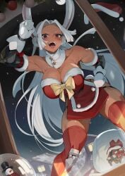 alternate_costume blush boku_no_hero_academia christmas christmas_clothing christmas_outfit cleavage dark-skinned_female dark_skin female_only footwear happy kopam large_breasts long_hair looking_at_viewer milf miruko my_hero_academia open_mouth rabbit_ears rabbit_girl red_eyes red_stockings rumi_usagiyama solo_focus spread_legs thick_thighs thighhighs thighs usagiyama_rumi white_gloves white_hair wide_hips