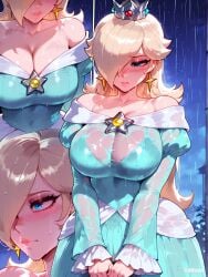 1girls ai_generated blonde_hair breasts cleavage difuxer female female_only hair_over_one_eye large_breasts light-skinned_female light_skin mario_(series) princess_rosalina solo super_mario_bros. super_mario_galaxy wet