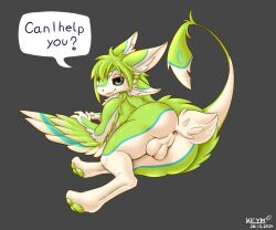 4_ears anthro anus ass avali balls big_butt digitigrade feathered_wings feathers fluffy fluffy_tail genitals keym keymzx male multi_ear pawpads simple_background solo speech_bubble tail wings