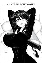 ai_generated angry arms_behind_head arms_up big_breasts black_hair bob_cut bouncing_breasts caption cattlec clothed clothed_breasts clothed_female earrings english_text fubuki_(one-punch_man) fur fur_coat gritted_teeth gun gunpoint held_at_gunpoint hourglass_figure huge_breasts imminent_death imminent_rape large_breasts massive_breasts one-punch_man pearl_necklace sweat taut_clothes text thin_waist