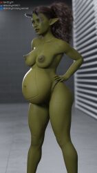 1girls 3d 3d_(artwork) belly big_belly breasts female green-skinned_female green_body green_skin nipples nude pregnant shortstack skittym solo