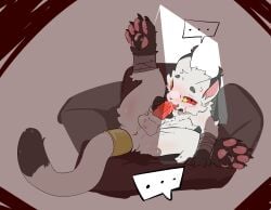 2026 accessory animal_genitalia anthro anus ass autofellatio balls bean_bag big_feet black_claws blush bodily_fluids body_blush butt_blush caught_in_the_act caught_masturbating claws cum cum_drip digital_drawing_(artwork) digital_media_(artwork) domestic_cat dripping ear_tuft ellipsis feet felid feline felis fur furgonomics gagaga_ram genital_fluids genitals hand_on_penis hi_res jewelry korean_description looking_at_viewer male mammal masturbation oral oral_masturbation pawpads paws penile penile_masturbation penis pink_pawpads red_eyes ring semi-anthro shaded sheath simple_background solo speech_bubble sweat sweatdrop tail tail_accessory tail_jewelry tail_ring tongue tongue_out tuft white_background white_body white_fur wraps yellow_sclera