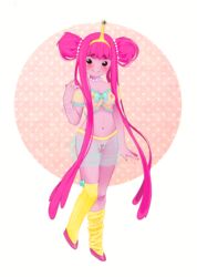 adventure_time black_eyes blush bracelet breasts double_bun female female_only hair_bun long_hair nail_polish navel necklace nipples pink_hair pink_skin princess_bubblegum pubic_hair pussy see-through smile socks solo tiara yukihyo