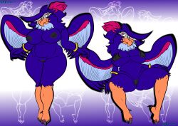 2023 absurd_res anthro areola artist_name avian_feet beak big_breasts bikini biped black_areola black_bikini black_clothing black_nipples black_swimwear breasts clothed clothed_anthro clothed_female clothing colored feathered_wings feathers female fingers generation_4_pokemon genitals gradient_background grey_body grey_feathers hi_res honchkrow humanoid_genitalia humanoid_hands humanoid_vulva knock-kneed looking_at_viewer midriff multiple_poses navel nintendo nipple_dip nipples non-mammal_breasts nude nude_anthro nude_female orange_body p1aymannx pokemon pokemon_(species) pose purple_body purple_feathers pussy red_body red_feathers seductive simple_background sitting skimpy smile solo spread_legs spreading standing swimwear text two-piece_swimsuit vulva wings wristband