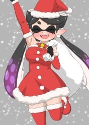 1girls black_hair callie_(splatoon) christmas christmas_outfit closed_eyes female inkling light-skinned_female light_skin long_hair nintendo pointy_ears skirt smile solo splatoon splatoon_(series) tentacle_hair thighhighs yawake