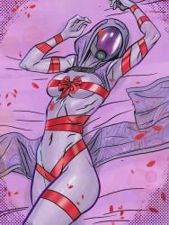 breasts christmas christmas_outfit confidential_drifter helmet hood laying_on_back mask pinup pinup_pose purple_skin quarian ribbon tali'zorah_nar_rayya wide_hips