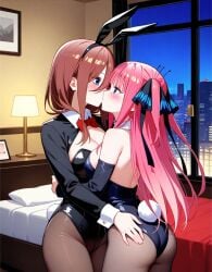 ai_generated blue_eyes blush bunny_ears bunny_girl bunnysuit fully_clothed go-toubun_no_hanayome hand_around_waist hand_on_hip hotel_room incest kissing nakano_miku nakano_nino red_hair sisters standing yuri