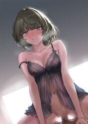 1boy absurdres asteria_(driftingprhp) babydoll black_babydoll blush breasts censored collarbone commentary_request commission covered_nipples cowgirl_position female green_hair heavy_breathing heterochromia highres idolmaster idolmaster_cinderella_girls idolmaster_cinderella_girls_starlight_stage lingerie midriff mosaic_censoring navel nipples no_panties see-through_clothes sex skeb_commission straddling sweat takagaki_kaede teeth underwear upper_teeth_only