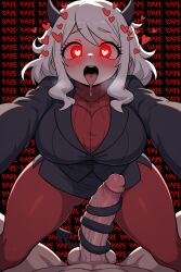 1boy 1girls anonymous_artist demon demon_girl drooling english_text femdom glowing_eyes heart-shaped_pupils helltaker large_breasts male_pov male_rape_victim modeus_(helltaker) penis pov rape red_eyes reverse_rape tailjob text veiny_penis yandere