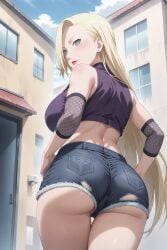 1girls ass bare_legs bare_shoulders blonde_hair blue_eyes blush breasts clothing denim denim_shorts elbow_pads fully_clothed hair_down high_resolution house ino_yamanaka lipstick long_hair long_skirt looking_at_viewer looking_back makeup naruto naruto:_the_last naruto_(series) naruto_shippuden outdoors pinup presenting presenting_ass short_shorts shorts showing showing_ass sideboob skimpy skimpy_clothes skirt skirt_lift sleeveless sleeveless_shirt smile street town uncensored very_long_hair walking