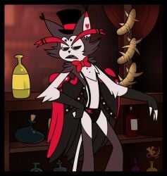 1boy anthro bar bar_(place) barely_clothed bartender beverage black_sclera bowtie cat_ears cat_tail catboy cheek_tuft chest_tuft claws demon demon_boy domestic_cat eyebrows felid feline fur furry hat hazbin_hotel husk_(hazbin_hotel) long_eyebrows neckwear red_bowtie red_eyebrows sharp_teeth solo_male suspenders tail top_hat underwear winged_cat winged_humanoid wings yellow_eyes yellow_teeth