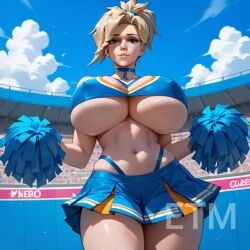 ai_generated big_breasts blonde_female blonde_hair breasts cheerleader cheerleader_outfit cheerleader_uniform mercy mercy_(overwatch) overwatch overwatch_2 tits_bigger_than_head