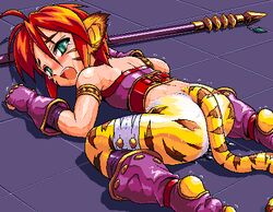 :o animal_ears armlet ass bottomless breath_of_fire breath_of_fire_ii brown_hair cat_ears cat_tail clothing facial_mark fingerless_gloves fur gloves green_eyes hair katt legs lowres oekaki open_mouth purple_background red_hair rinpoo_chuan short_hair solo staff sweat tail tears thighs tiger_ears tiger_tail tomoshibi_hidekazu weapon