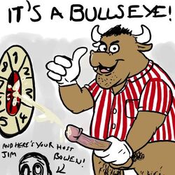 anthro black_hair bottomless bovine brown_fur bullseye cum ejaculation english_text furry gloves horns male_focus mascot pubic_hair striped_shirt stubble target thumbs_up white_gloves