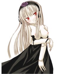 black_dress blush doll doll_joints dress headwear joints large_breasts long_hair rozen_maiden suigintou