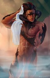 abs au_ra black_hair branding_mark dragon_boy dragon_horns drying facial_mark final_fantasy final_fantasy_xiv highres horns male male_only momo-deary momodeary navel nipples nude onsen outdoors penis pubic_hair red_eyes red_hair scales scar smile solo_male steam towel two_tone_hair xaela