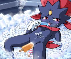 1girls anthro blush double_penetration furry g-sun ice ice_cube masturbation nintendo pokemon pokemon_(species) popsicle small_breasts tagme tongue tongue_out vaginal_penetration weavile