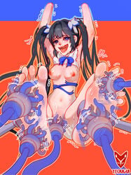 1girls armpits bare_chest barefoot black_hair blue_eyes blue_tentacles bondage breasts clothing dungeon_ni_deai_wo_motomeru_no_wa_machigatteiru_darou_ka feet female forced_orgasm hestia_(danmachi) laugh laughing long_hair machine open_mouth purple_eyes restrained soles spread_legs spread_toes tears tears_of_joy tentacle tickle_fetish tickle_torture tickling tickling_feet toes torn_clothes twintails yeougui